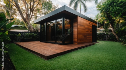 Modern Outdoor Kitchen Extension with Shera Wood Siding in a Lush Garden photo