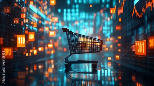 Digital Shopping Cart with Glowing Cubes photo