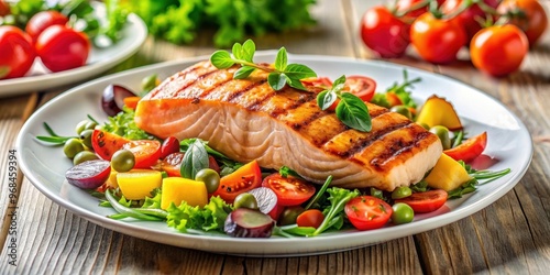 Grilled salmon paired with a fresh vegetable salad , salmon, grilled, fresh, salad, healthy, vegetables, greens