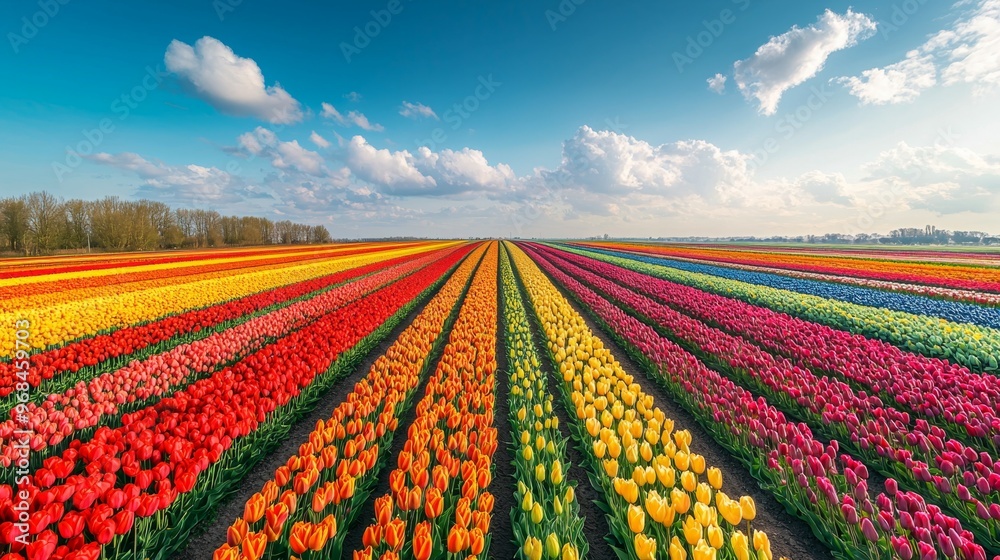 Colorful Tulip Fields in Bloom Under Blue Sky with White Clouds Colorful Tulip Fields in Bloom Under Blue Sky with White Clouds