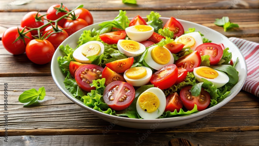 Vegetable salad with fresh tomato slices and hard-boiled eggs , healthy, organic, ingredients, colorful, nutrition Vegetable salad with fresh tomato slices and hard-boiled eggs , healthy, organic, ingredients, colorful, nutrition