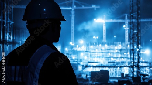 Silhouette of a worker in an illuminated industrial power plant at night with urban skyline