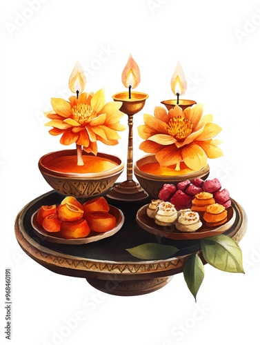 watercolor floral candles with food on a tray clip art preview