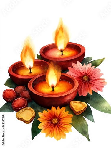 watercolor candles with flowers, warm light clip art preview