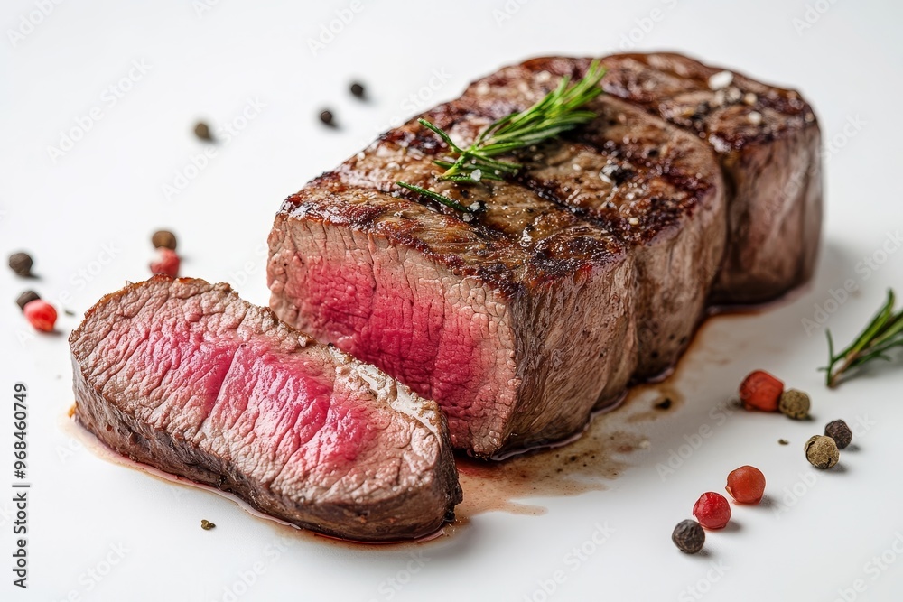 A mouthwatering Chateaubriand steak, grilled to perfection, garnished with fresh rosemary and peppercorns. This photo captures the juicy, flavorful steak and the simplicity of its presentation.