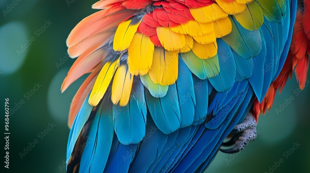 Colorful Parrot Feathers Close Up Blue Yellow Red Green Texture Background Colorful Parrot Feathers Close Up Blue Yellow Red Green Texture Background