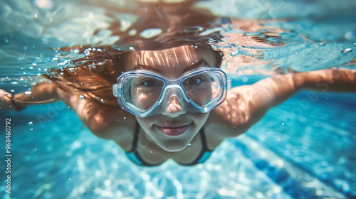 Underwater picture of a young swimmer in goggles exercising in a swimming pool.