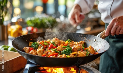 Delicious Chinese Stir-Fry: Chef Cooking Chicken Legs and Vegetables in a Wok with Flames