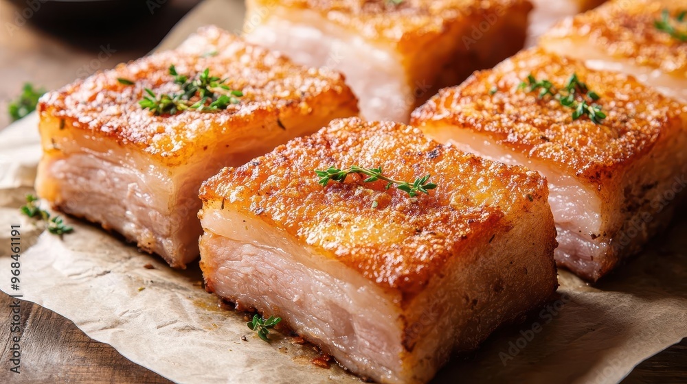 Close-up of crispy pork belly served on parchment paper, golden and crunchy with a slight sheen, garnished with herbs, crispy fried pork belly, comfort food, artisanal presentation Close-up of crispy pork belly served on parchment paper, golden and crunchy with a slight sheen, garnished with herbs, crispy fried pork belly, comfort food, artisanal presentation