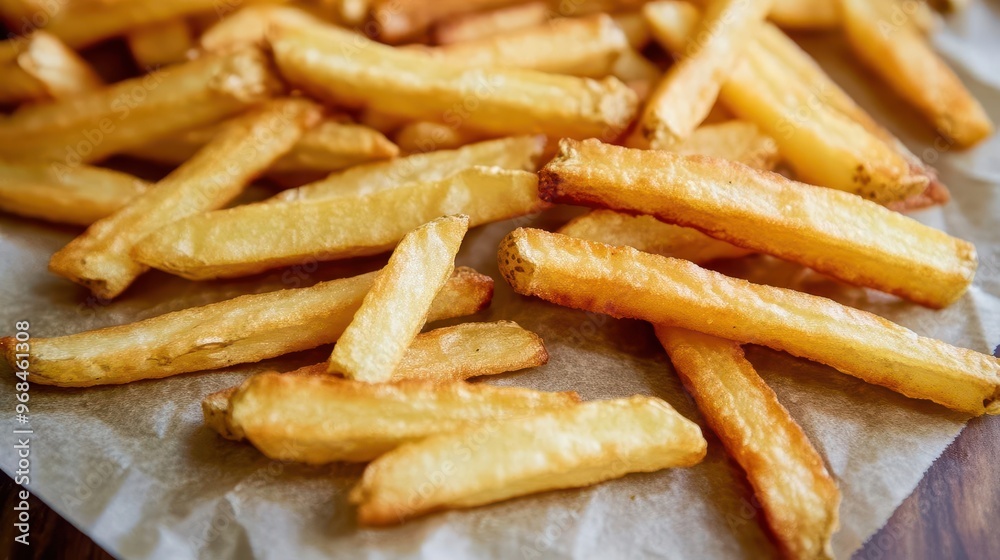 Close-up of French fries on parchment paper, golden and crispy, with a slight focus on the foreground fries, crispy French fries, appetizing snack, comfort food Close-up of French fries on parchment paper, golden and crispy, with a slight focus on the foreground fries, crispy French fries, appetizing snack, comfort food