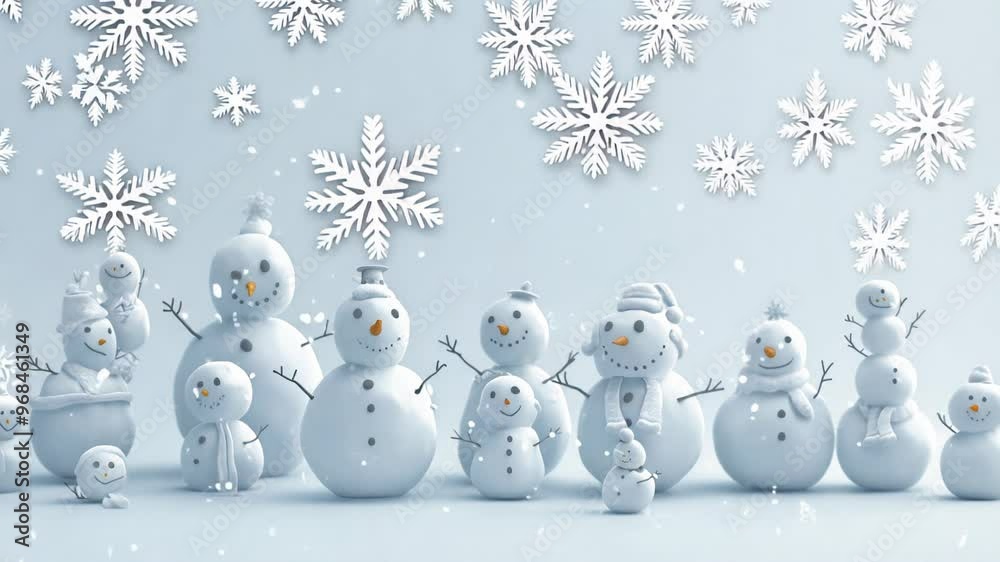 Charming winter scene with a row of smiling snowmen. Soft blue background with gently falling snowflakes. White and silver color palette creates a serene, frosty atmosphere. Charming winter scene with a row of smiling snowmen. Soft blue background with gently falling snowflakes. White and silver color palette creates a serene, frosty atmosphere.