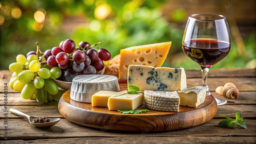 Naklejka premium French cheese platter with grapes and wine , French, cheese, platter, grapes, wine, appetizer, gourmet, delicacy, food