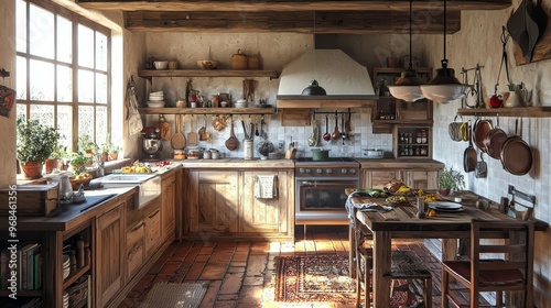 Rustic Country Kitchen Interior with Wooden Cabinets Tile Floor and Vintage Decor