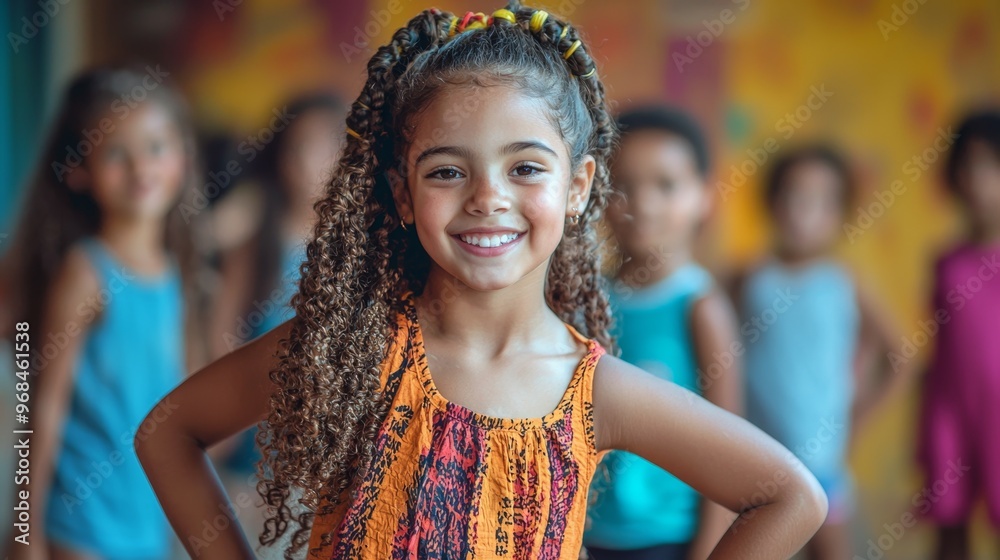 Happy Little Girl With Curly Hair Smiling In A Group Happy Little Girl With Curly Hair Smiling In A Group
