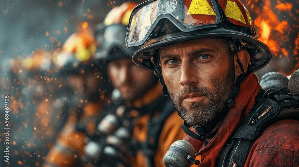 Firefighter Close Up Portrait with Smoke and Flames in Background Firefighter Close Up Portrait with Smoke and Flames in Background