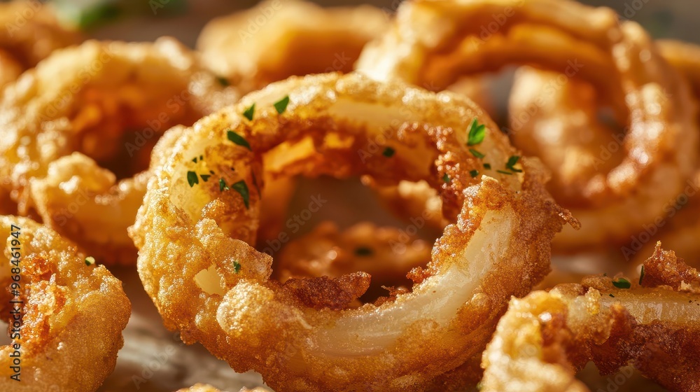 Macro shot of crispy onion rings, golden crust with detailed texture, served with a sprinkle of herbs, crispy fried onion rings, texture-focused, appetizing detail
