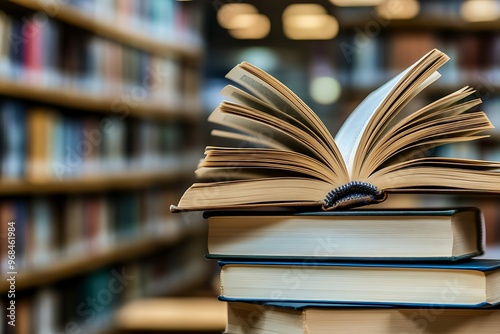 Open Book on Stack of Books in Library