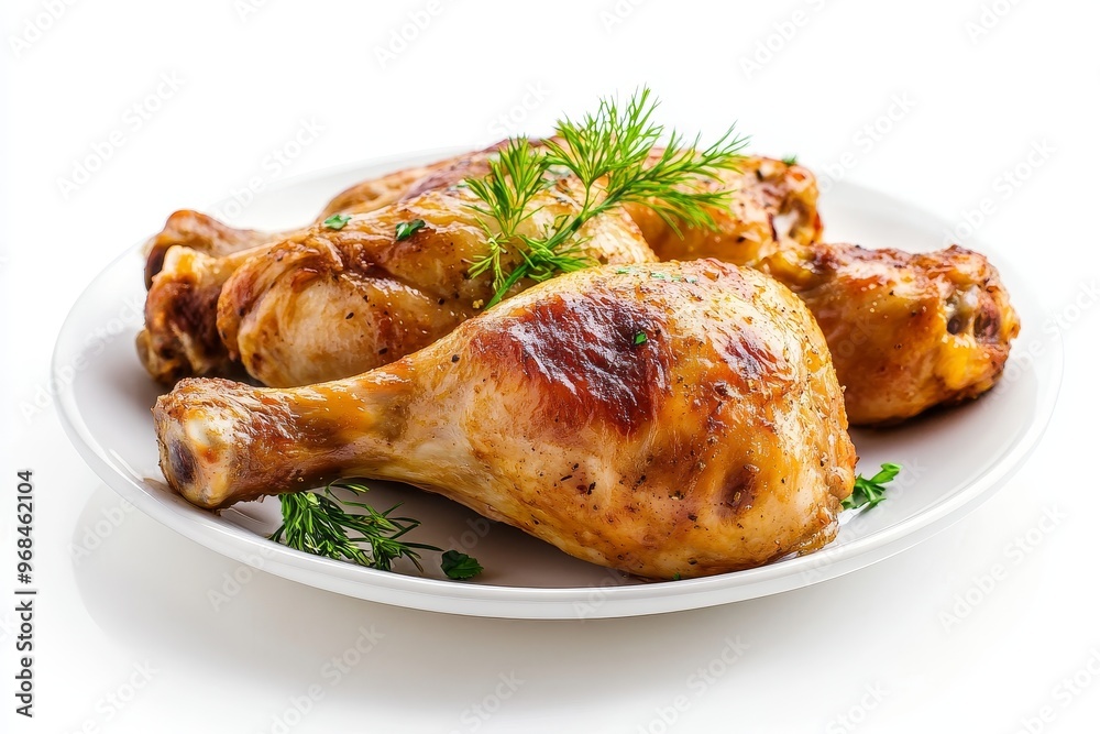 A plate of three golden-brown roasted chicken legs, garnished with fresh herbs, presented on a white background. The chicken legs are cooked to perfection and look delicious and appetizing. The image A plate of three golden-brown roasted chicken legs, garnished with fresh herbs, presented on a white background. The chicken legs are cooked to perfection and look delicious and appetizing. The image