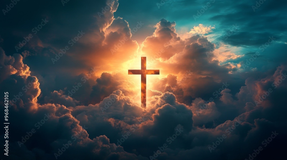 A powerful and symbolic image of a cross shining through the clouds, representing faith, hope, and redemption. The warm light emanating from the cross suggests divine presence and spiritual guidance. A powerful and symbolic image of a cross shining through the clouds, representing faith, hope, and redemption. The warm light emanating from the cross suggests divine presence and spiritual guidance.