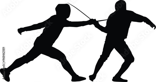 Fencer silhouette illustration. People pose full body while fencing.