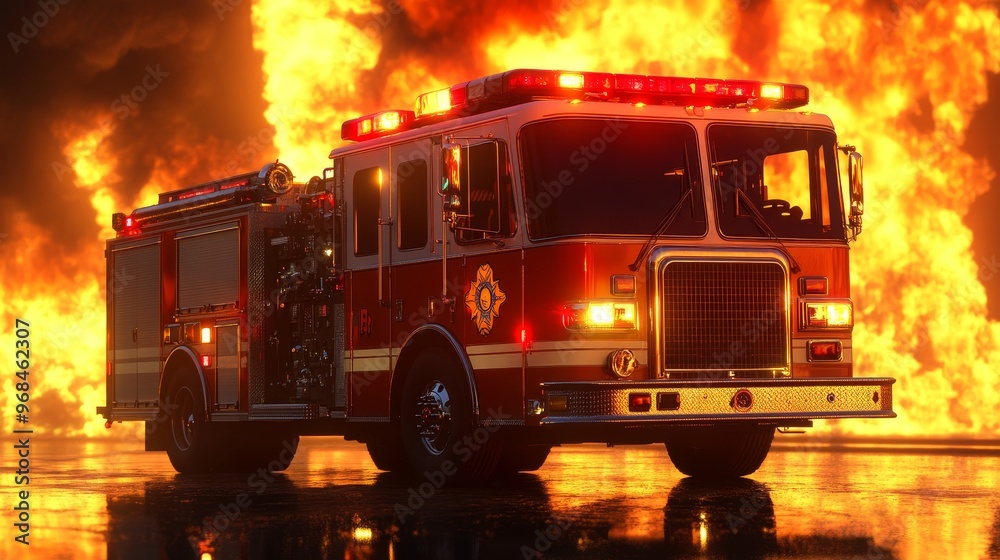 A red fire truck stands in front of a massive blaze, its headlights ...