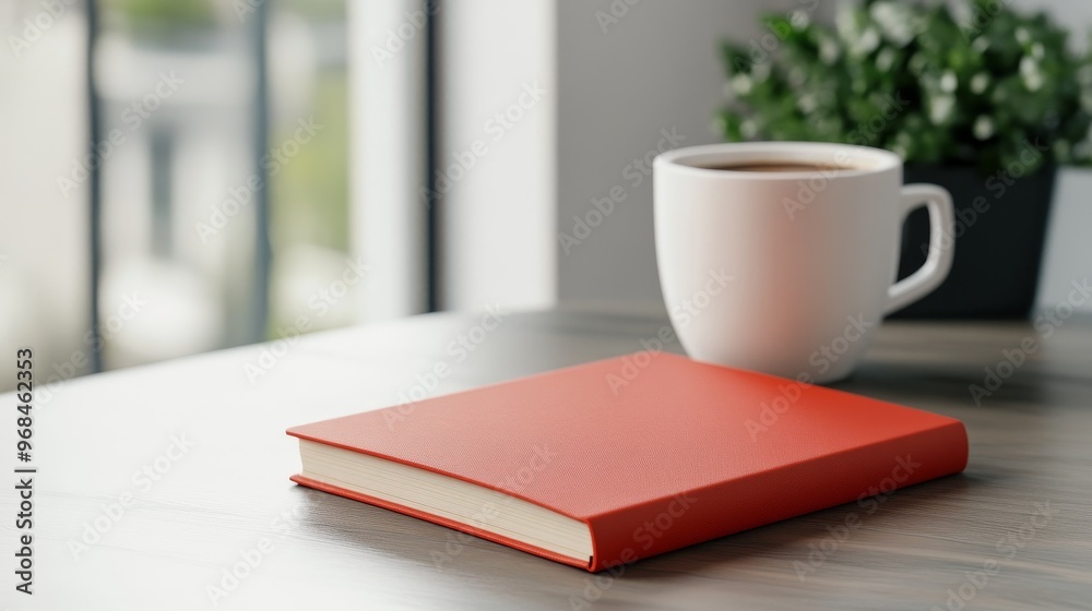 Naklejka premium A red notebook with an engraved cover sits on a wooden table beside a cup of coffee. The notebook is perfect for journaling, taking notes, or writing down your thoughts.