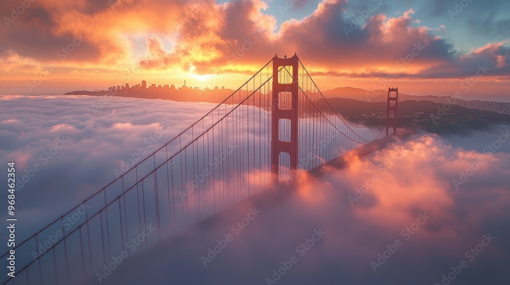 Golden Gate Bridge Sunset with Fog and City Skyline Golden Gate Bridge Sunset with Fog and City Skyline