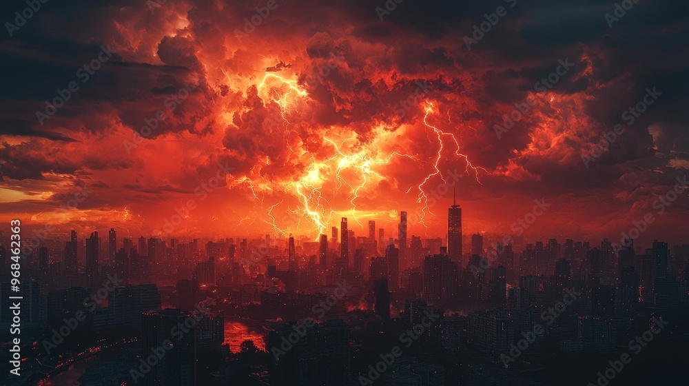 Fototapeta premium Apocalyptic Cityscape with Lightning Storm