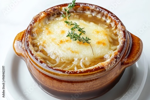 A rich and comforting bowl of French onion soup, featuring caramelized onions, beef broth, and a generous layer of melted Gruyere cheese.  The soup is served in a rustic brown bowl with a sprig of thy photo