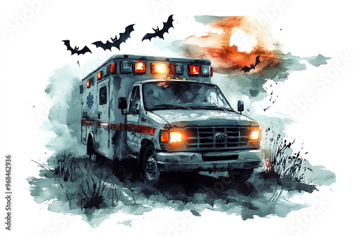 Watercolor ambulance amidst a spooky landscape with bats flying, adding a sense of urgency and eerie atmosphere. Perfect for Halloween themes.