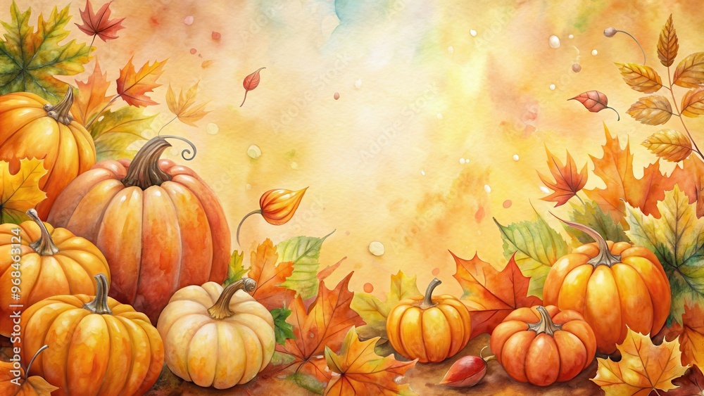 Watercolor painting of pumpkins and leaves in warm fall colors, watercolor, painting, pumpkins, leaves, fall, orange, brown spots Watercolor painting of pumpkins and leaves in warm fall colors, watercolor, painting, pumpkins, leaves, fall, orange, brown spots