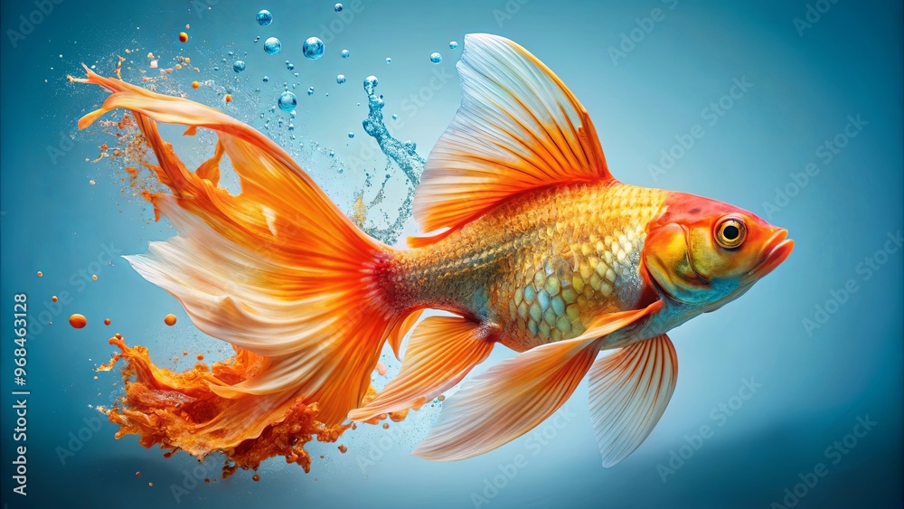 A vibrant of a goldfish with a splash of paint on a light blue background A vibrant of a goldfish with a splash of paint on a light blue background