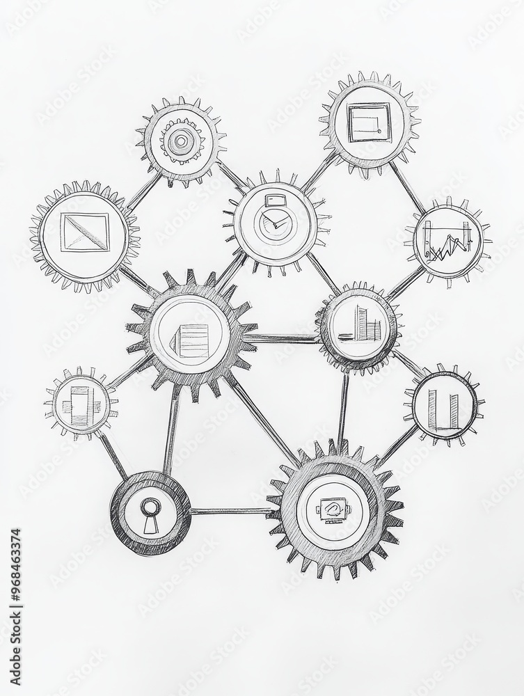A single-line pencil drawing depicting a network of interconnecting gears, symbolizing teamwork, collaboration, efficiency, interconnectedness, and the flow of ideas. A single-line pencil drawing depicting a network of interconnecting gears, symbolizing teamwork, collaboration, efficiency, interconnectedness, and the flow of ideas.