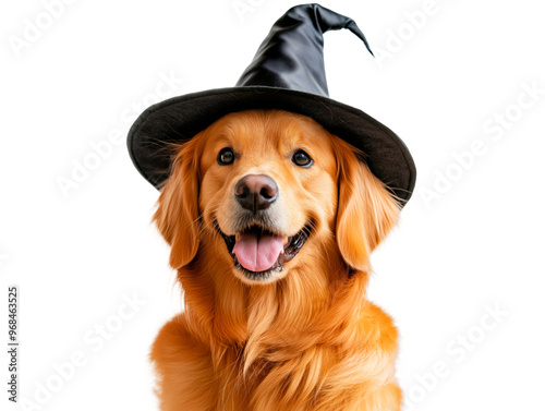 Cachorro Golden Retriever fofo usando chapéu de bruxa, perfeito para designs criativos de Halloween photo