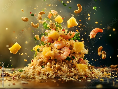 Dramatic Explosion of Colorful Thai Pineapple Fried Rice with Shrimp and Cashews photo