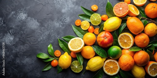 Fresh citrus fruits lemon, mandari on a black table, citrus, fruit, lemon, mandarin, fresh, juicy, vibrant, refreshing, vitamin C photo