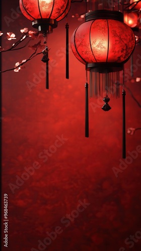 Elegant red lanterns hanging against a rich, textured background, perfect for decorative or festive themes.