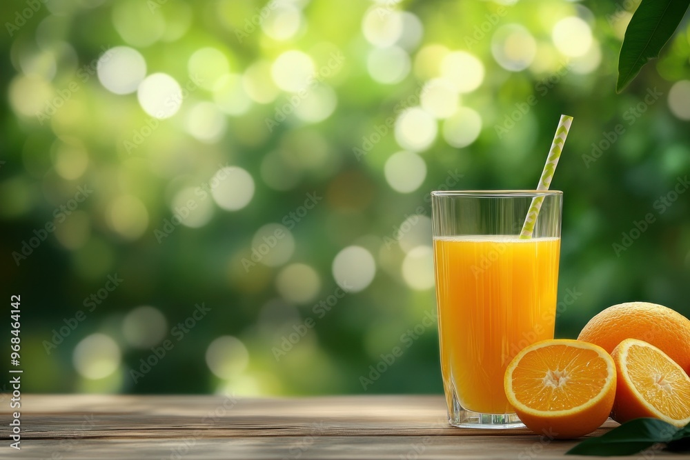 Fototapeta premium Glass of Orange Juice with Fresh Oranges on a Wooden Table