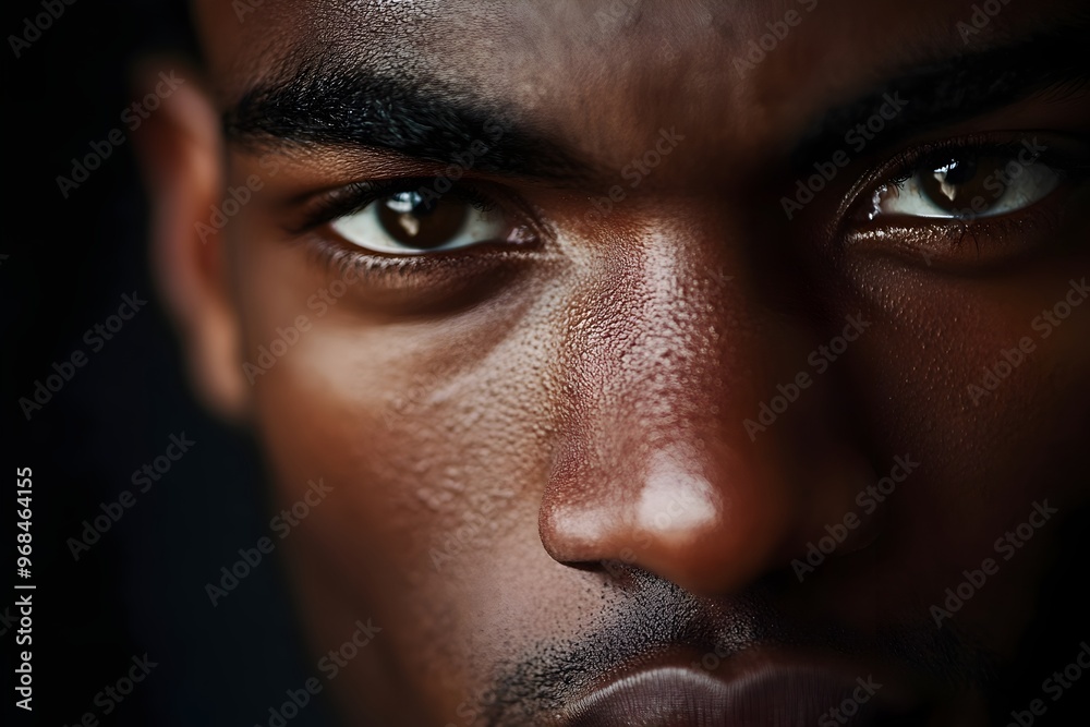 Dramatic Close up Portrait of a Man with Striking Angular Features and Intense Gaze Dramatic Close up Portrait of a Man with Striking Angular Features and Intense Gaze