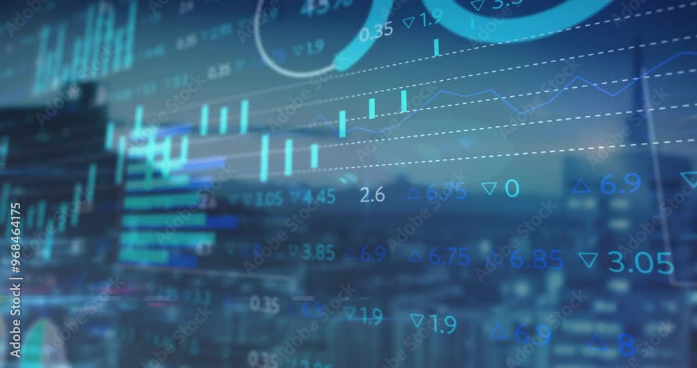 Animation of financial data processing over cityscape