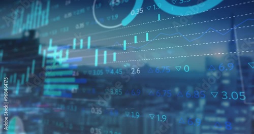 Animation of financial data processing over cityscape