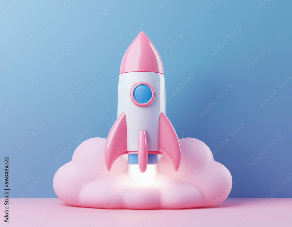 A pink rocket blasts off from a cloud, 3D illustration