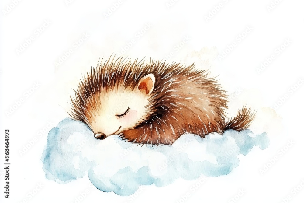 Fototapeta premium A sweet watercolor illustration of a cute, little porcupine sleeping peacefully on a fluffy cloud. The image symbolizes tranquility, innocence, and the beauty of nature.