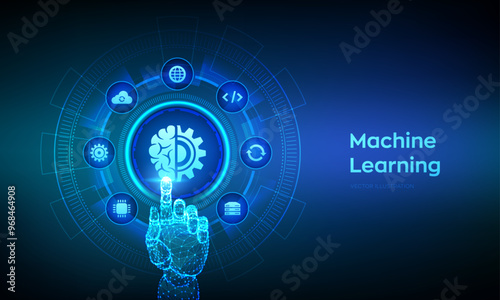 Machine learning. AI Artificial Intelligence. Deep learning. Data mining, Big Data, algorithm, neural network concept on virtual screen. Wireframe hand touching digital interface. Vector illustration.