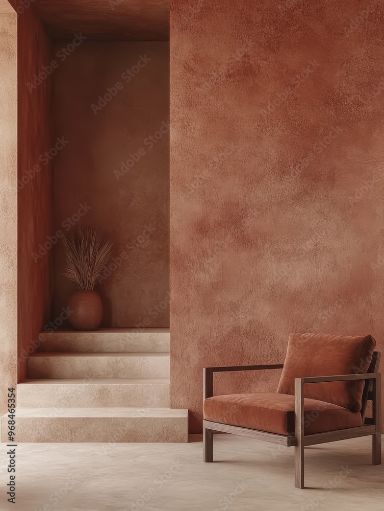 Fototapeta premium A terracotta accent armchair sits in a minimalist room with a textured terracotta wall and a set of stairs. The warm colors and natural materials create a welcoming and inviting atmosphere.