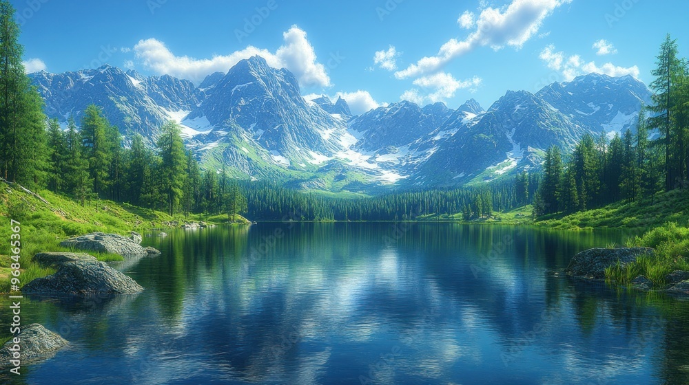 Serene mountain landscape with a reflective lake and lush greenery. Serene mountain landscape with a reflective lake and lush greenery.
