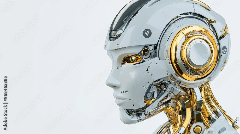 Futuristic Robot Head with Golden Details  AI  Artificial Intelligence  Cyborg  Technology  Innovation    D Rendering  Machine Learning   Digital Art 