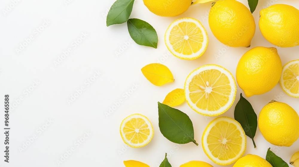 Fresh Lemon Slices and Leaves on White Background Fresh Lemon Slices and Leaves on White Background