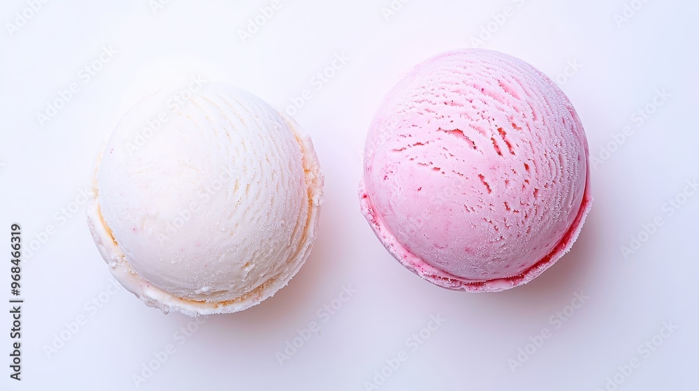 Vanilla and Strawberry Ice Cream Scoops on White Background Vanilla and Strawberry Ice Cream Scoops on White Background