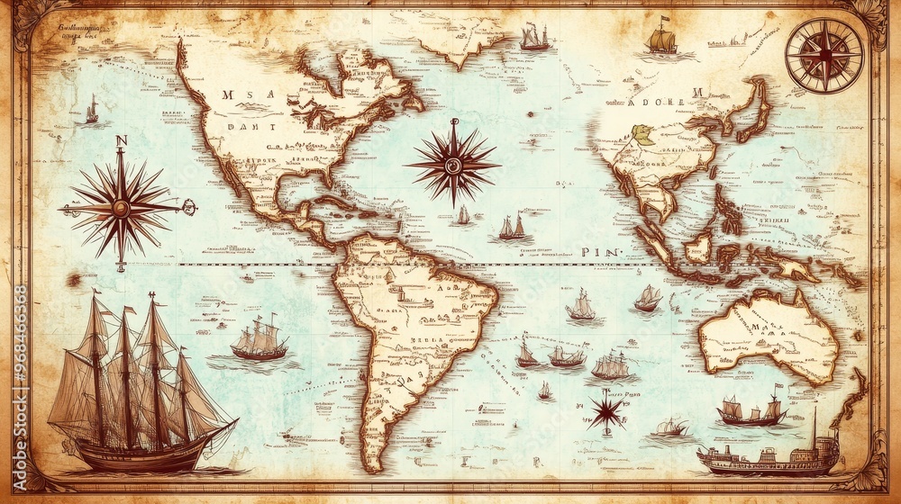 Naklejka premium A vintage world map with a focus on the Caribbean, featuring intricate details, aged paper texture, and nautical elements like ships, compasses, and island names. It evokes a sense of exploration, adv